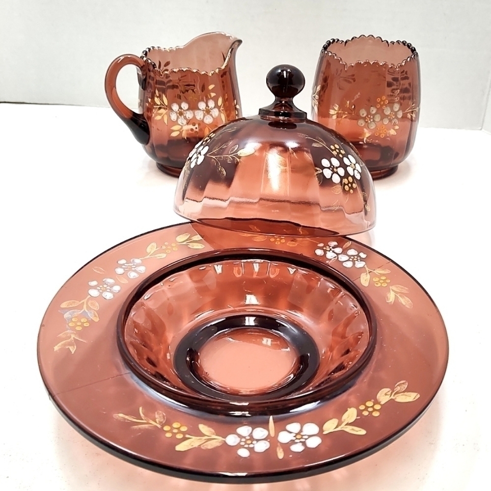 Vintage Amber Glass Serving Set – Hand-Painted Floral Butter Dish, Creamer & Cup - Picture 3 of 15